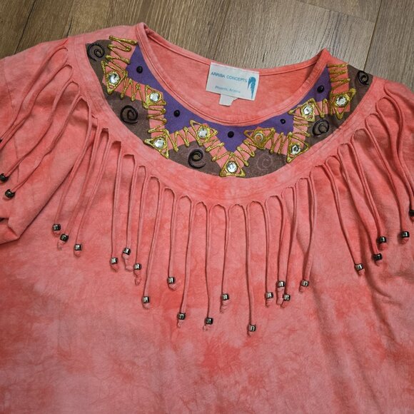 Arriba Concepts Women's Summer Casual Coral Tee Pullover w/fringe Short Sleeves - Picture 3 of 6